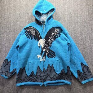 Tejidos Ruminahui Hooded Sweater Jacket Mens Large Blue Zip Knit Eagle Graphic